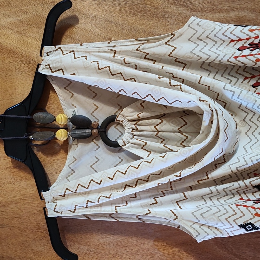 Cato Cowl Neck Tank Halter Tie-Neck Cream Orange Brown Beaded Ikat Chevron Med - Picture 2 of 12